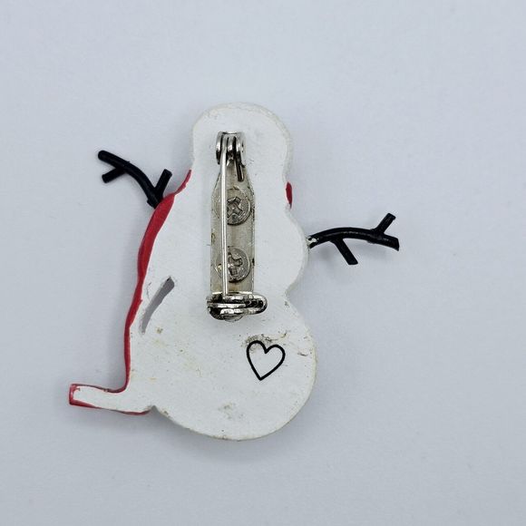 Snowman Brooch Christmas Holiday Pin Red Polka Dot Scarf Carrot Nose Stick Arms - Picture 5 of 6
